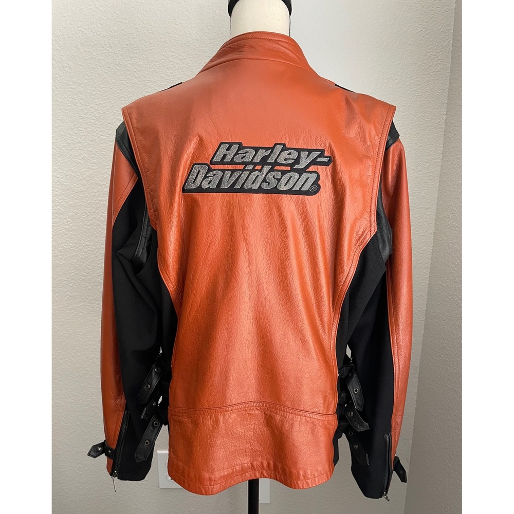 Harley Davidson Women's Orange‎ Leather Biker Motorcycle Jacket Straps Logo XL